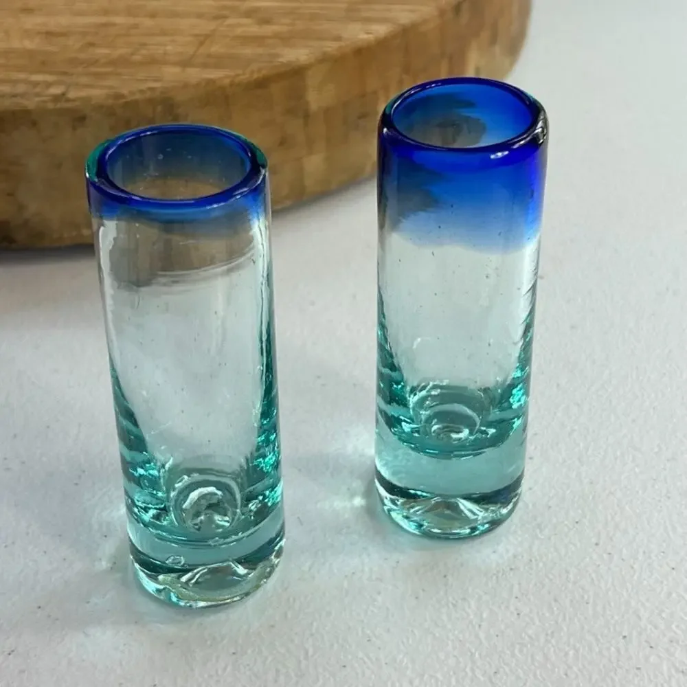 Glass Blown Shot Glasses Cobalt Blue Rim Thick Glass Set of 3 holds 2 ozs